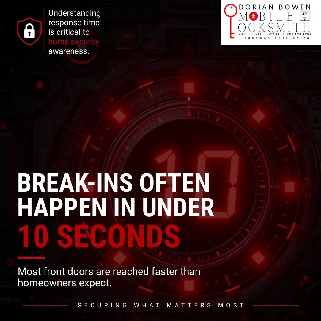 Dorian Bowen Mobile Locksmith promotional graphic about home security response time.